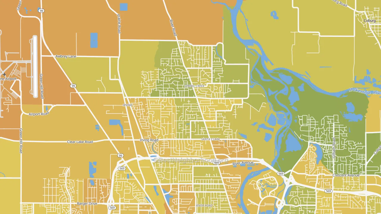 Map of the best neighborhoods in the Santa Clara, Eugene area, with better matches in green and worse matches in red