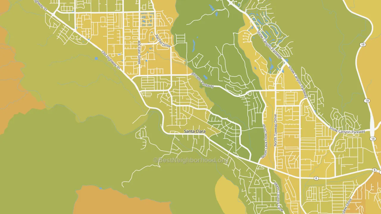 Map of the best neighborhoods in the Santa Clara Heights, Santa Clara area, with better matches in green and worse matches in red