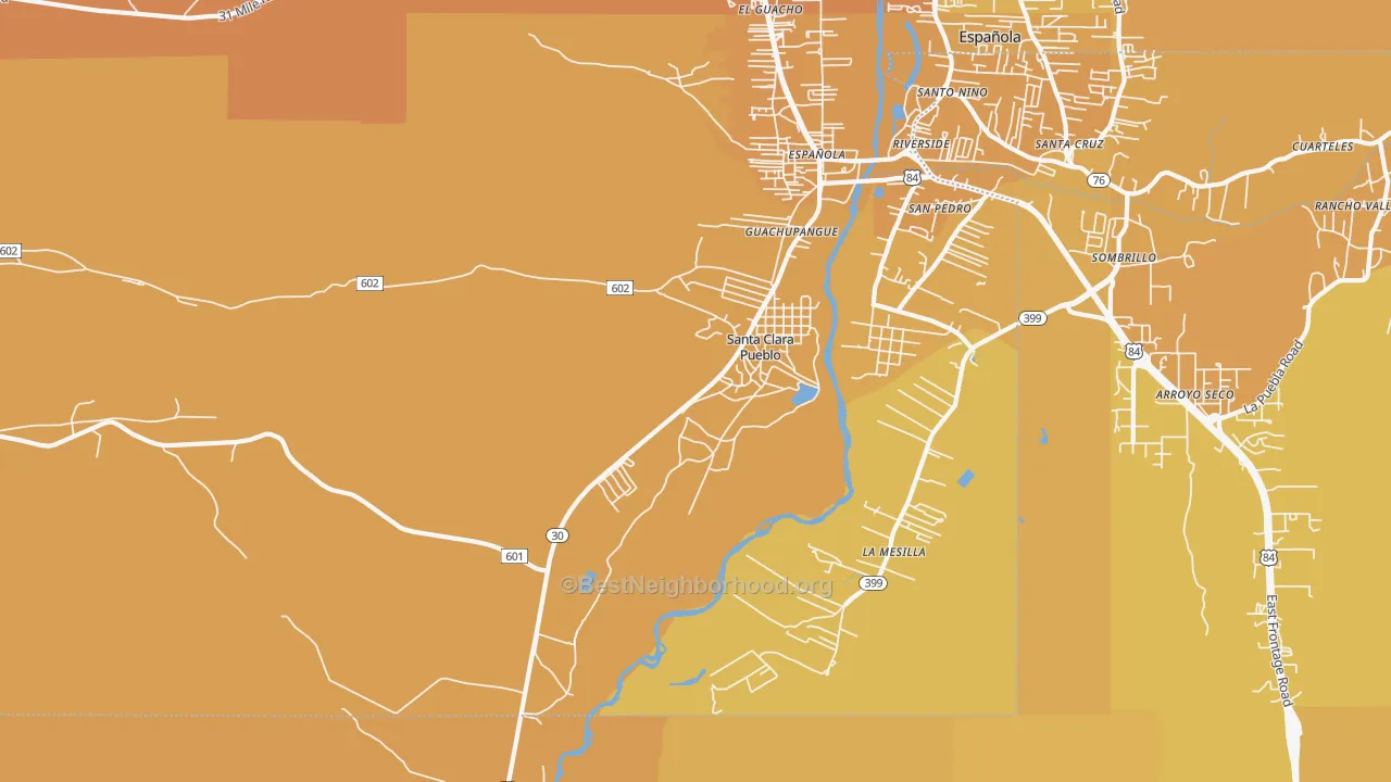 Map of the best neighborhoods in the Santa Clara Pueblo area, with better matches in green and worse matches in red