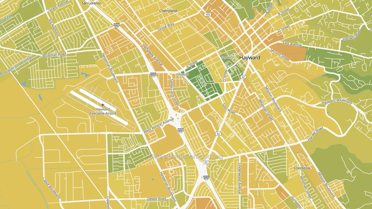 Map of the best neighborhoods in the Santa Clara Street, Hayward area, with better matches in green and worse matches in red