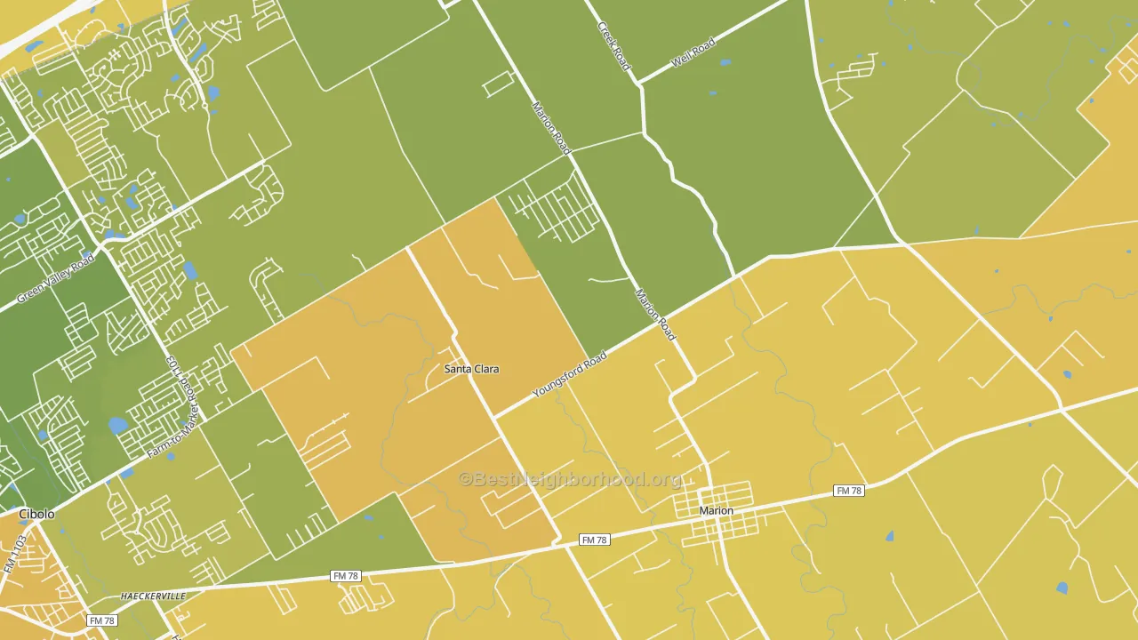 Map of the best neighborhoods in the Santa Clara area, with better matches in green and worse matches in red