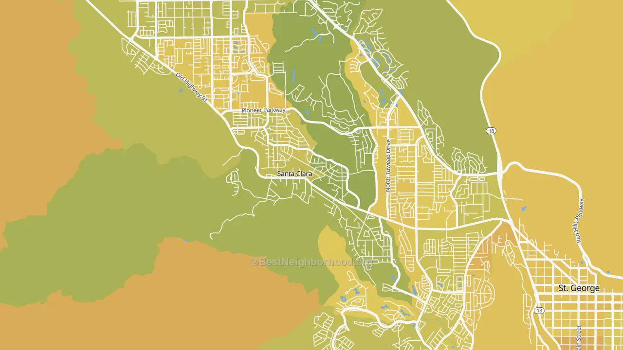 Map of the best neighborhoods in the Santa Clara area, with better matches in green and worse matches in red