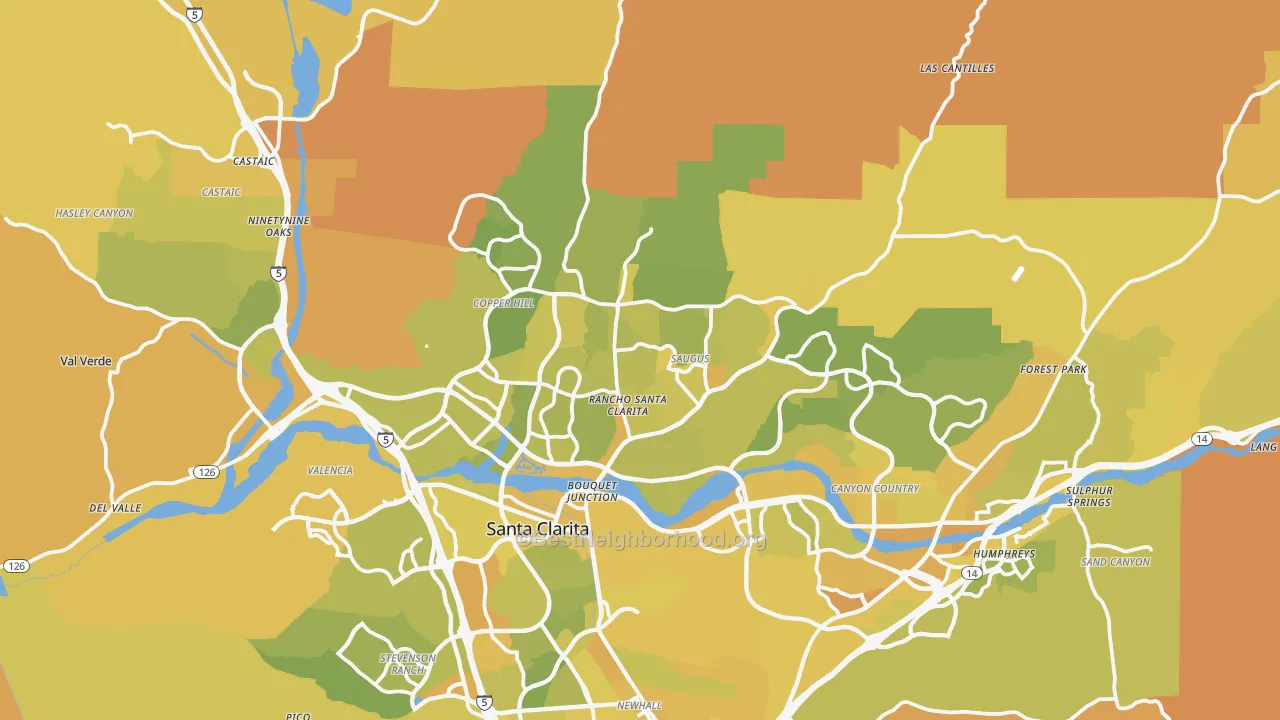 Map of the best neighborhoods in the Santa Clarita area, with better matches in green and worse matches in red