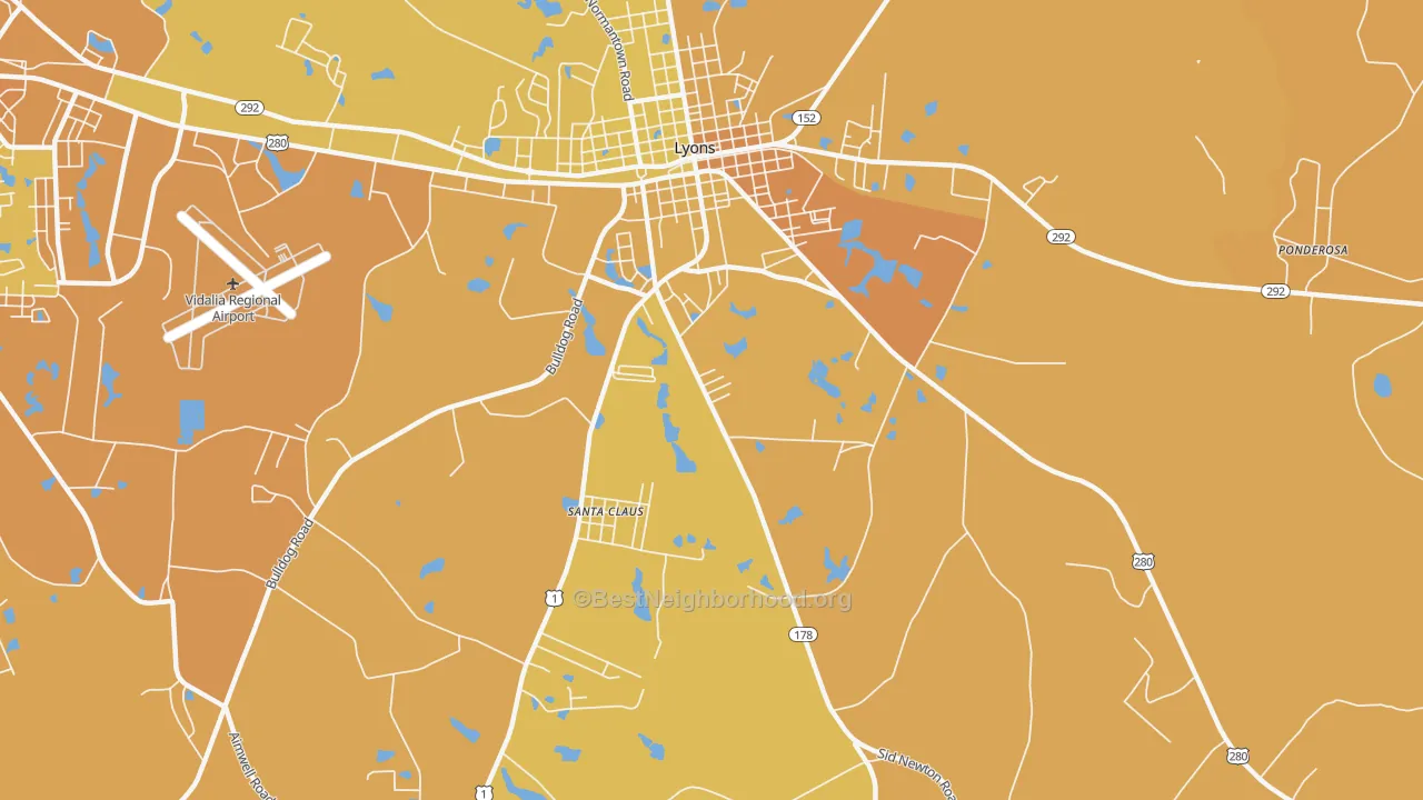 Map of the best neighborhoods in the Santa Claus area, with better matches in green and worse matches in red