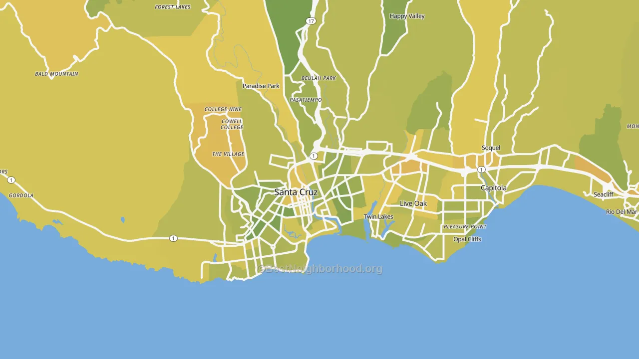 Map of the best neighborhoods in the Santa Cruz Metro area, with better matches in green and worse matches in red