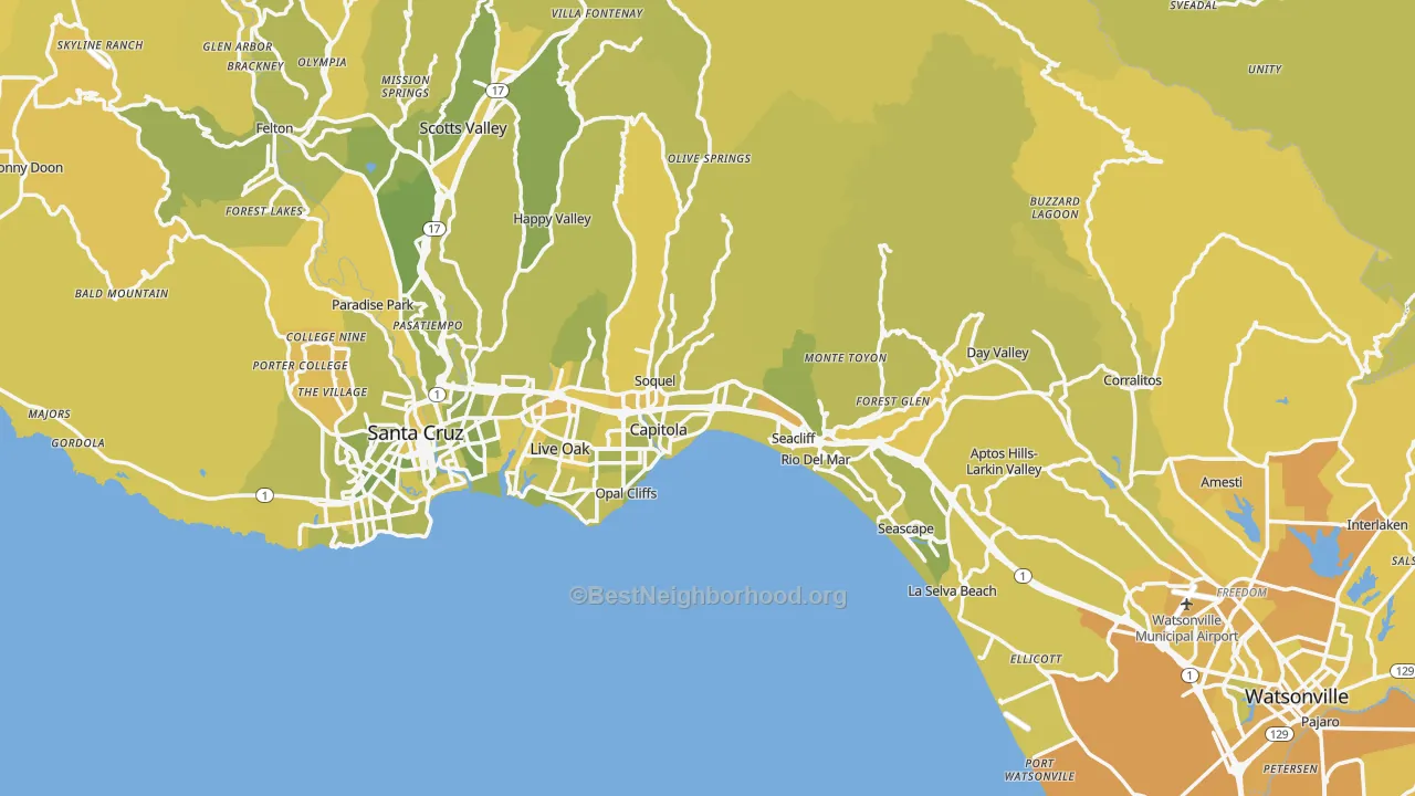 Map of the best neighborhoods in the Santa Cruz County area, with better matches in green and worse matches in red