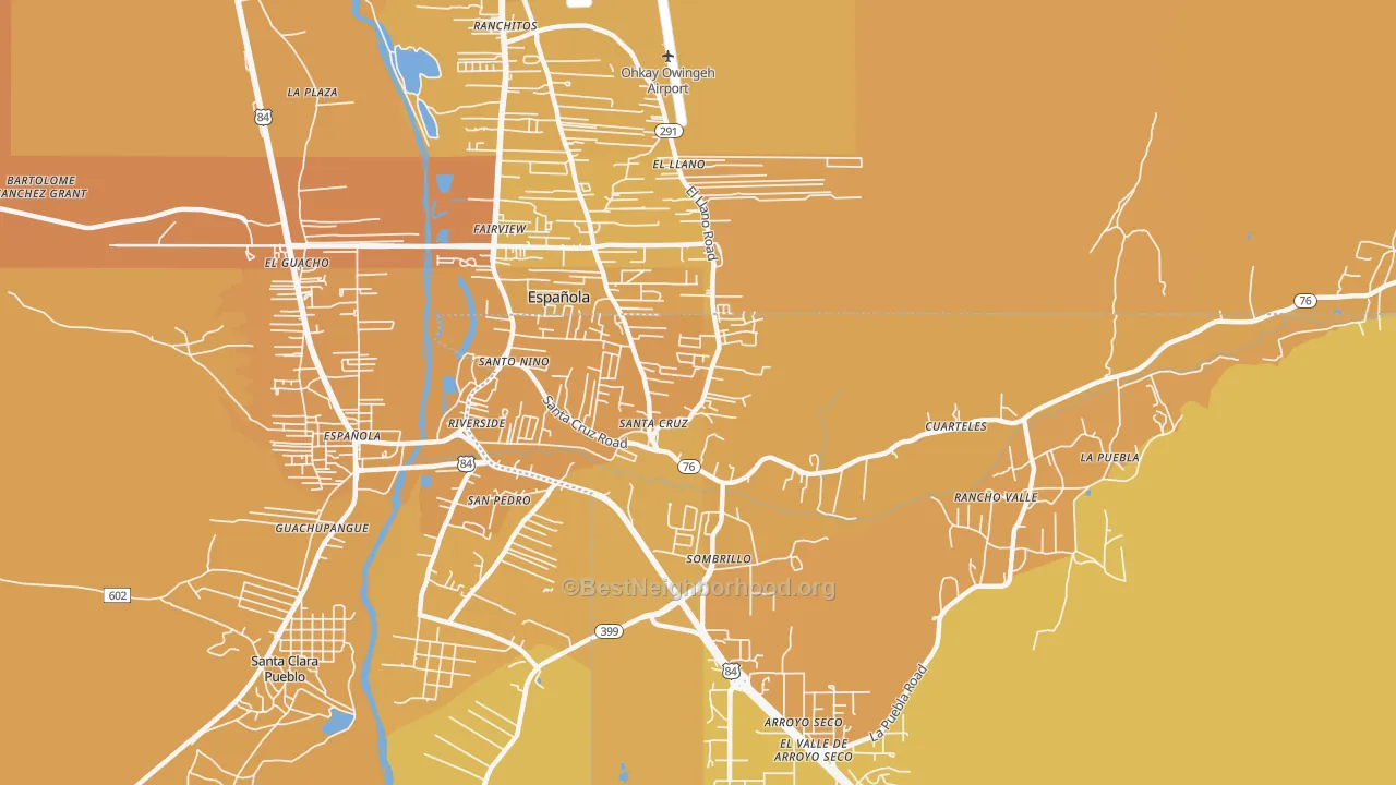 Map of the best neighborhoods in the Santa Cruz area, with better matches in green and worse matches in red