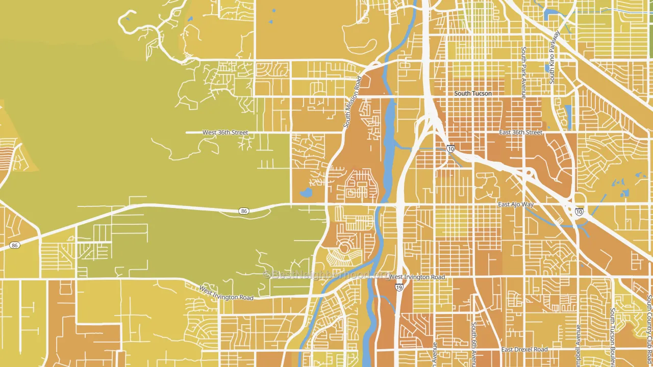Map of the best neighborhoods in the Santa Cruz Southwest, Tucson area, with better matches in green and worse matches in red