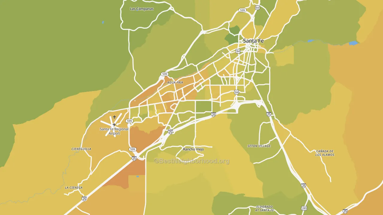 Map of the best neighborhoods in the Santa Fe County area, with better matches in green and worse matches in red