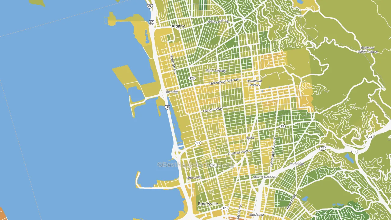 Map of the best neighborhoods in the Santa Fe, Emeryville area, with better matches in green and worse matches in red