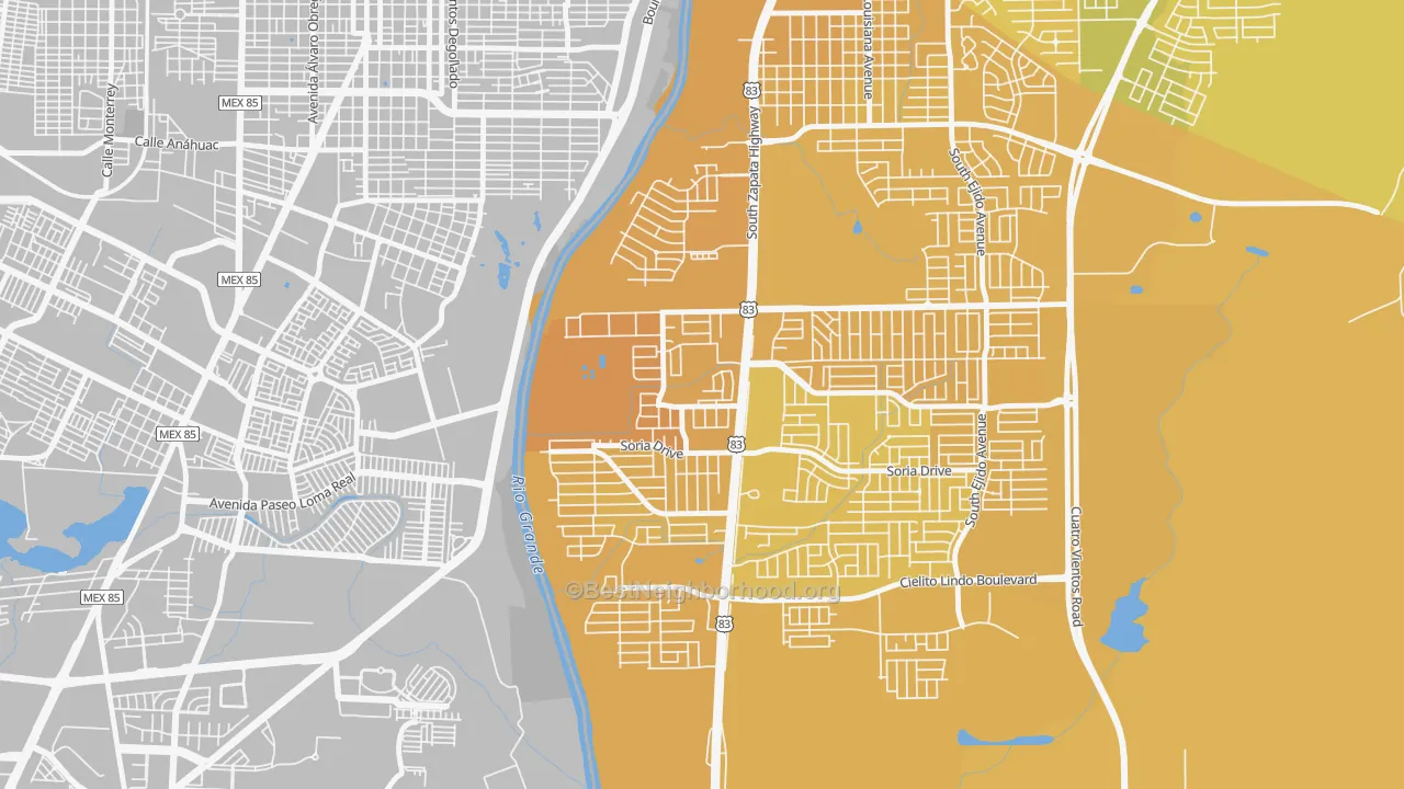 Map of the best neighborhoods in the Santa Fe, Laredo area, with better matches in green and worse matches in red