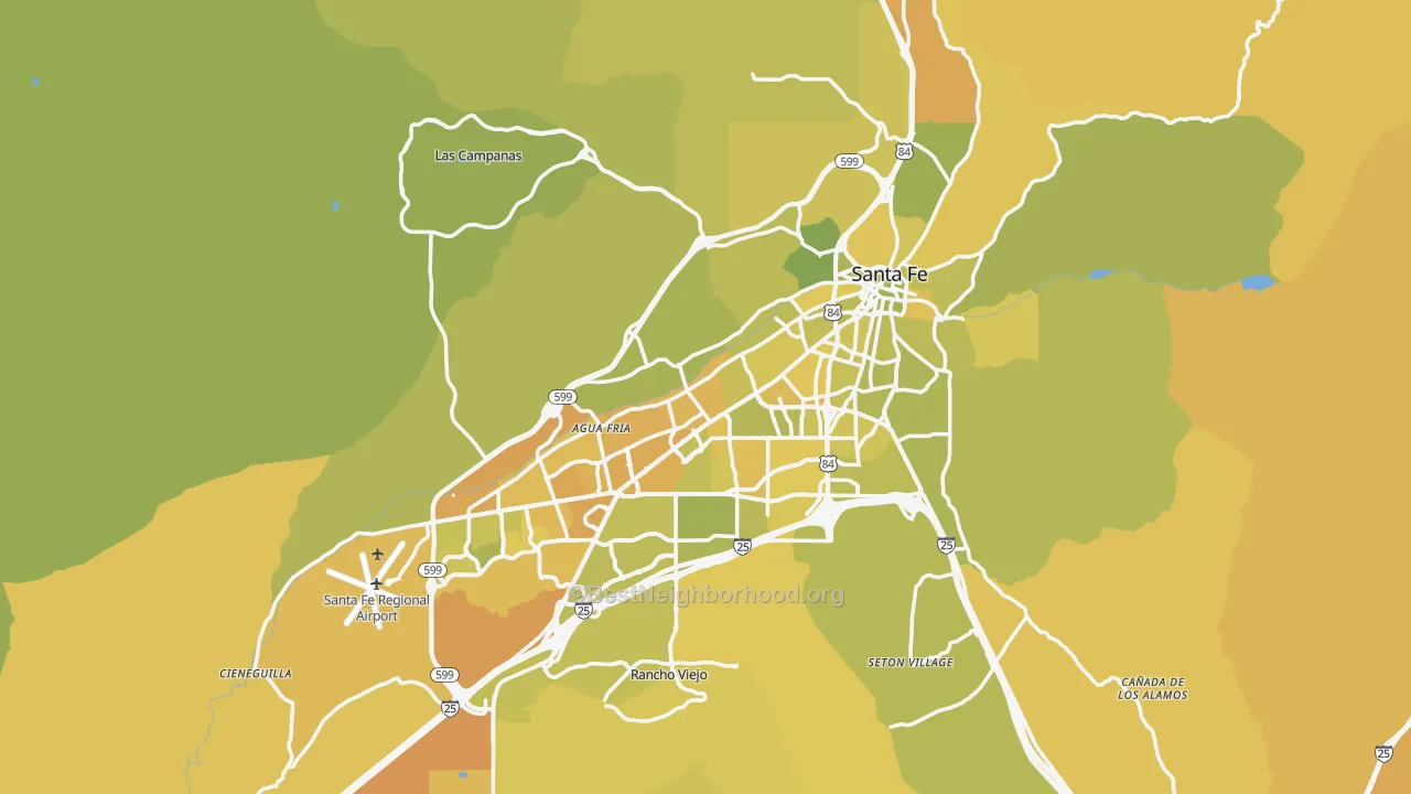 Map of the best neighborhoods in the Santa Fe Metro area, with better matches in green and worse matches in red