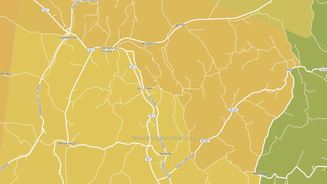 Map of the best neighborhoods in the Santa Fe area, with better matches in green and worse matches in red