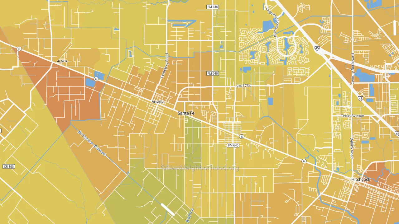 Map of the best neighborhoods in the Santa Fe area, with better matches in green and worse matches in red