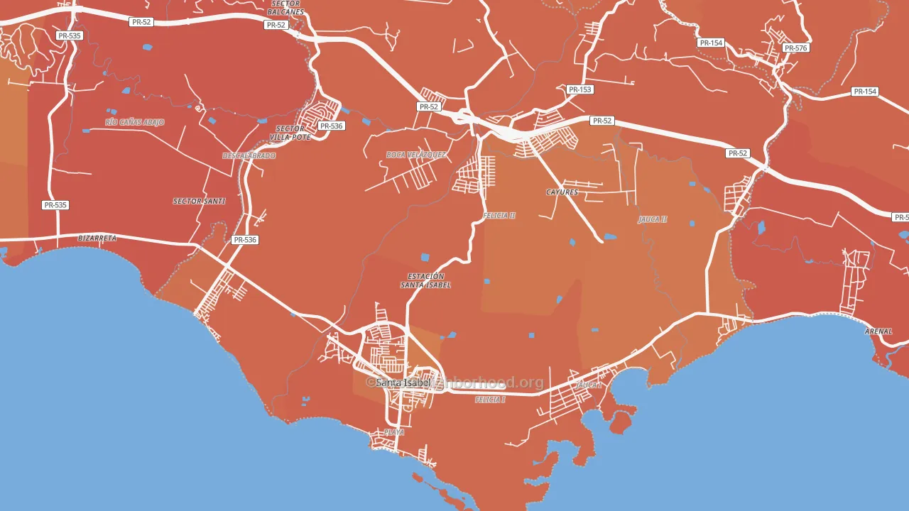 Map of the best neighborhoods in the Santa Isabel Municipio area, with better matches in green and worse matches in red