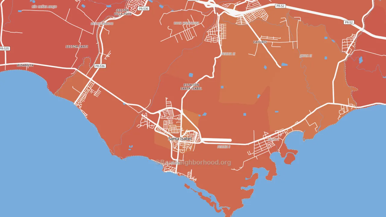 Map of the best neighborhoods in the Santa Isabel area, with better matches in green and worse matches in red