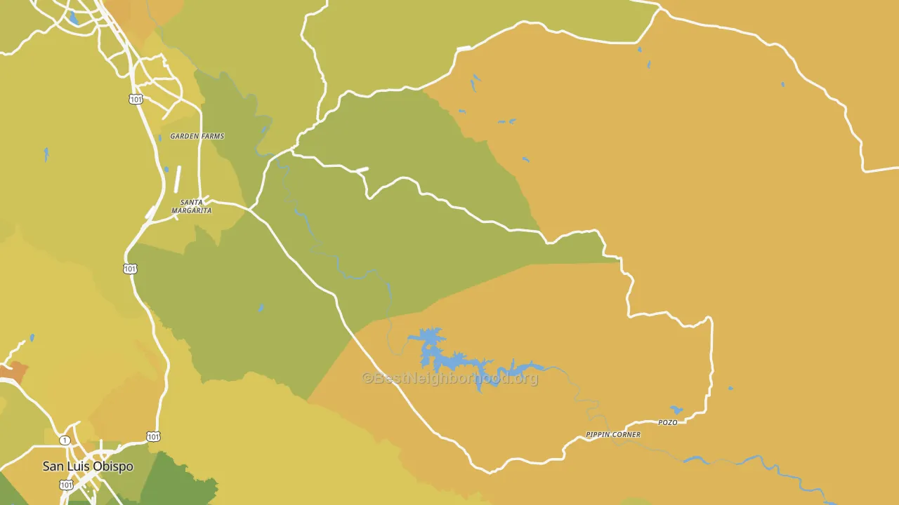 Map of the best neighborhoods in the Santa Margarita area, with better matches in green and worse matches in red