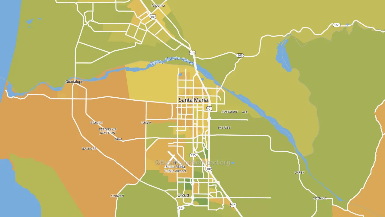 Map of the best neighborhoods in the Santa Maria Metro area, with better matches in green and worse matches in red