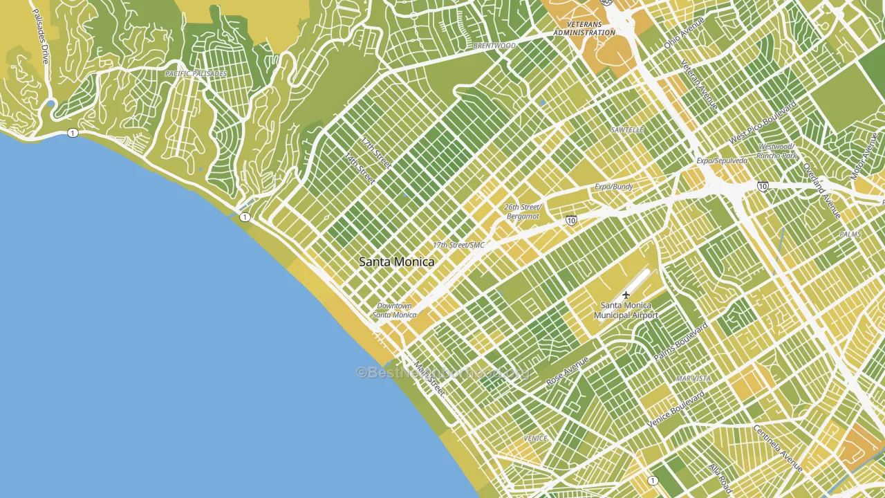 Map of the best neighborhoods in the Santa Monica area, with better matches in green and worse matches in red