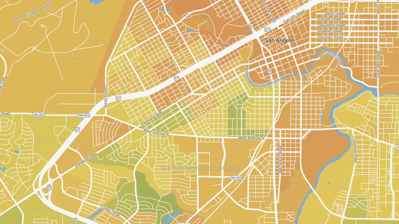 Map of the best neighborhoods in the Santa Rita, San Angelo area, with better matches in green and worse matches in red