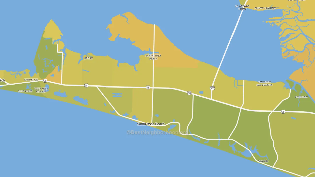 Map of the best neighborhoods in the Santa Rosa Beach area, with better matches in green and worse matches in red