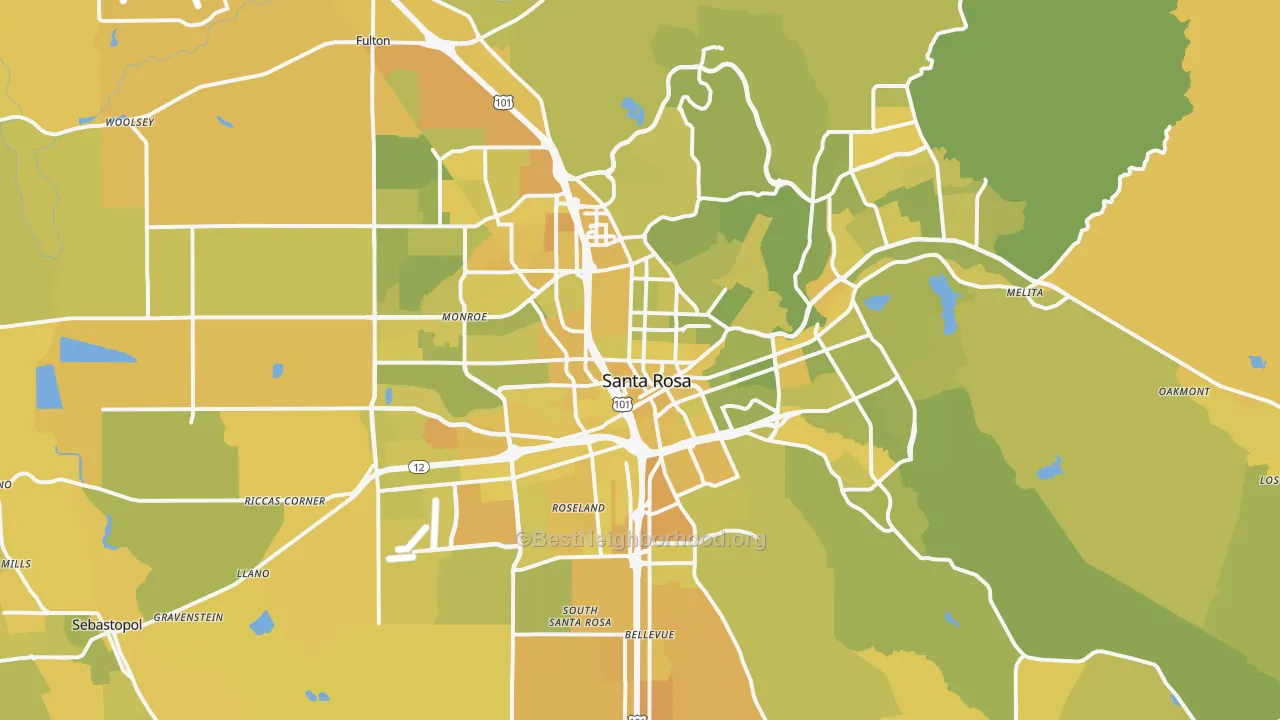 Map of the best neighborhoods in the Santa Rosa Metro area, with better matches in green and worse matches in red