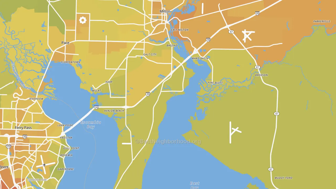 Map of the best neighborhoods in the Santa Rosa County area, with better matches in green and worse matches in red