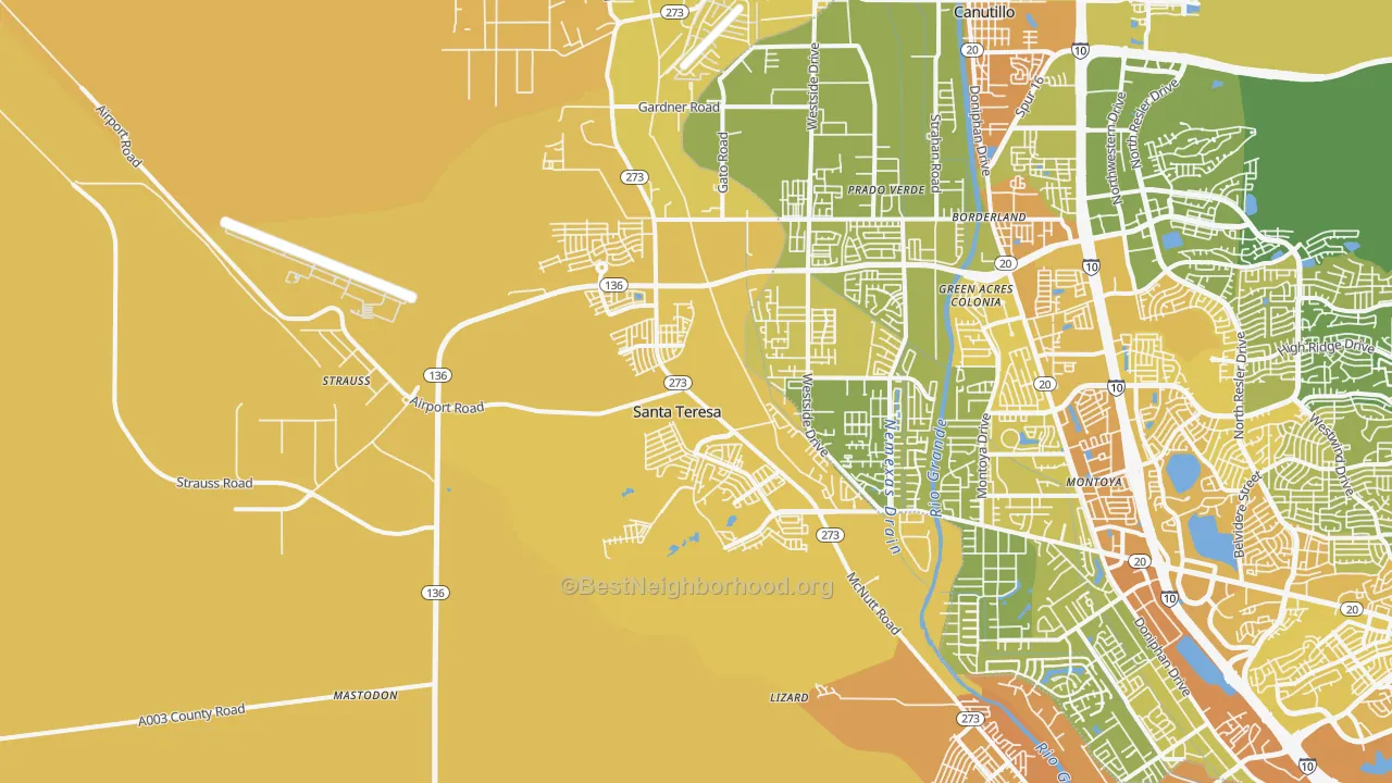 Map of the best neighborhoods in the Santa Teresa area, with better matches in green and worse matches in red