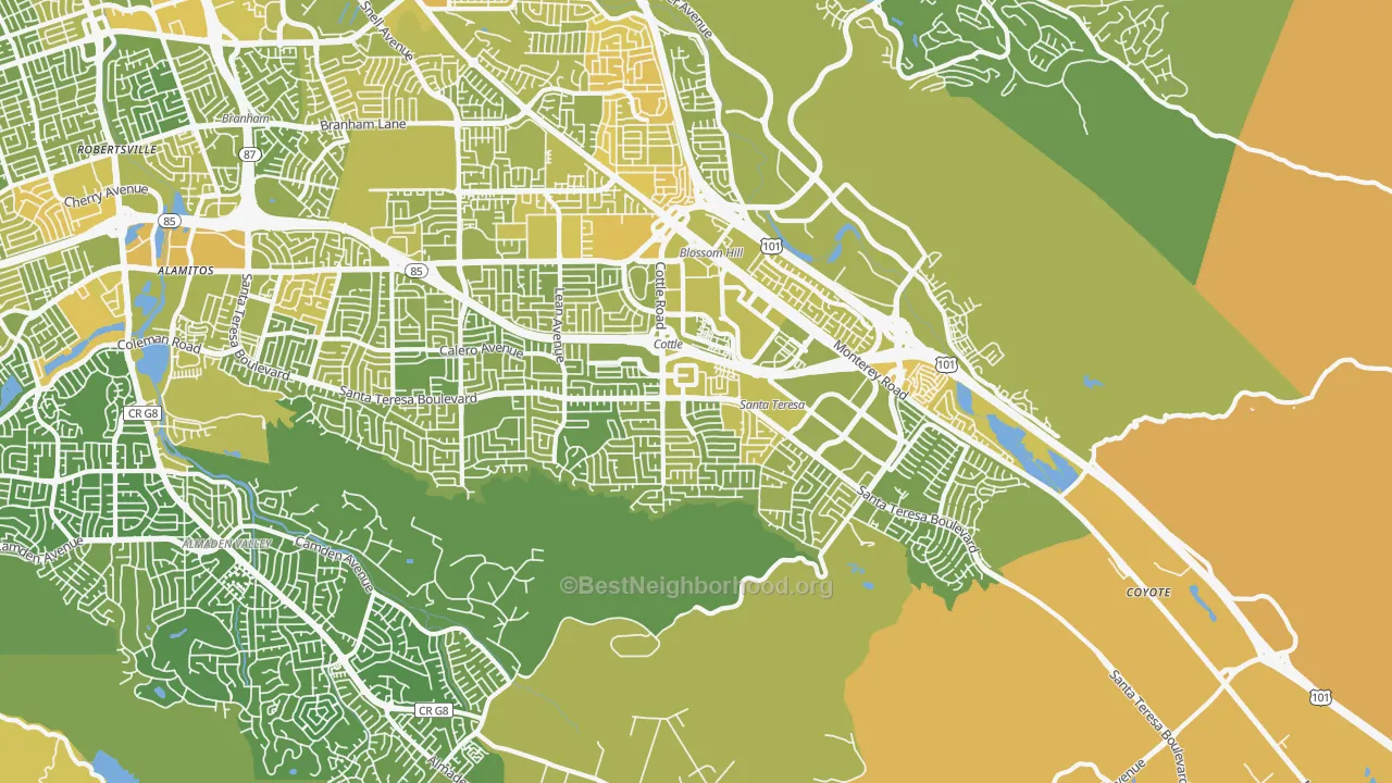 Map of the best neighborhoods in the Santa Teresa, San Jose area, with better matches in green and worse matches in red