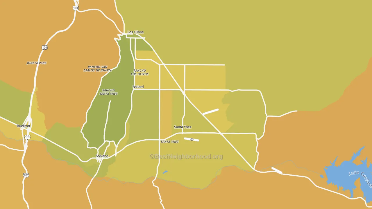 Map of the best neighborhoods in the Santa Ynez area, with better matches in green and worse matches in red
