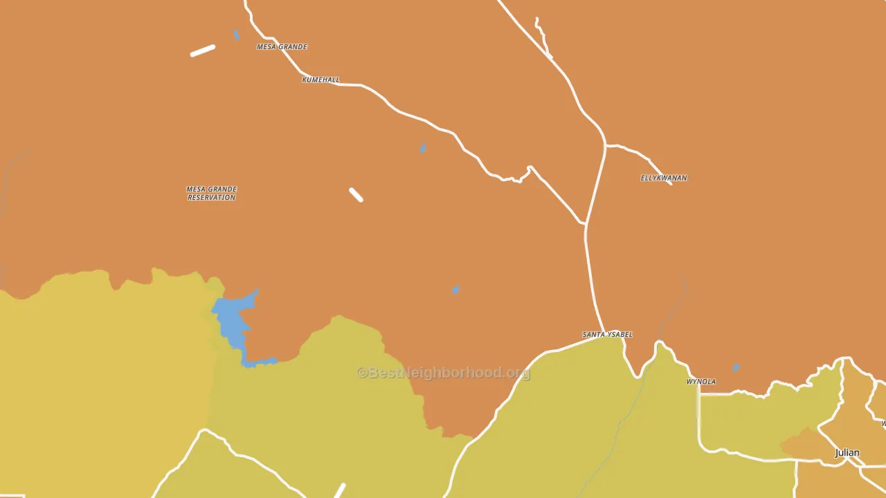 Map of the best neighborhoods in the Santa Ysabel area, with better matches in green and worse matches in red