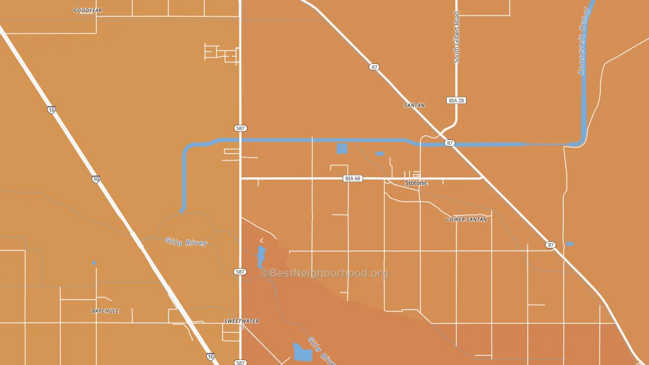 Map of the best neighborhoods in the Santan area, with better matches in green and worse matches in red