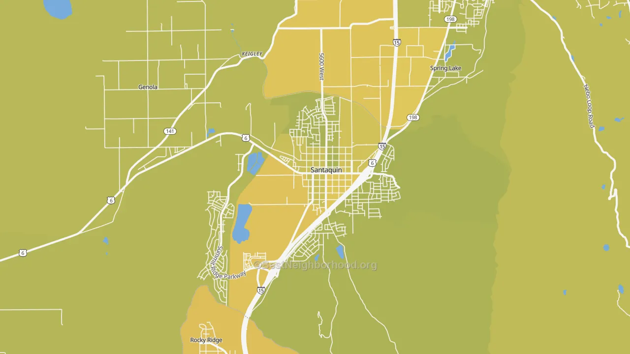 Map of the best neighborhoods in the Santaquin area, with better matches in green and worse matches in red
