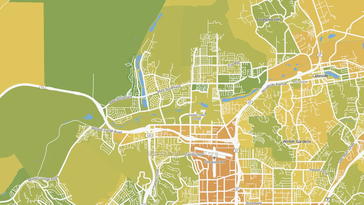 Map of the best neighborhoods in the Santee area, with better matches in green and worse matches in red