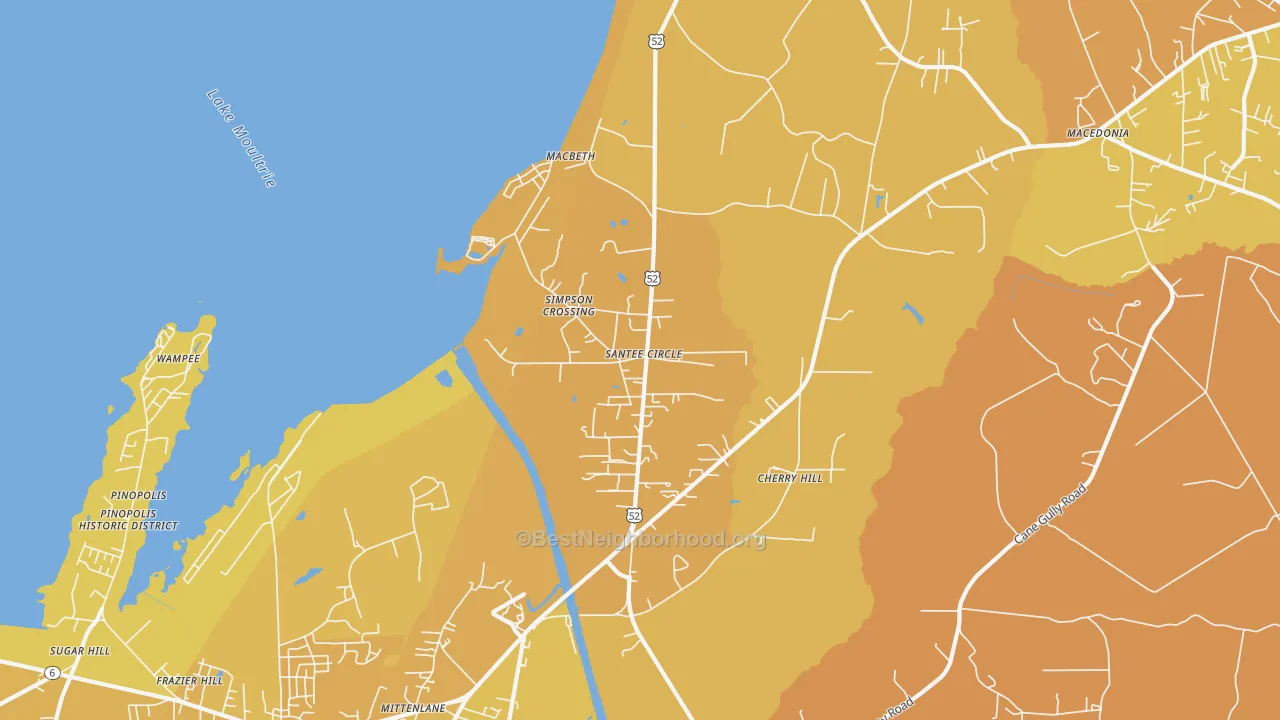 Map of the best neighborhoods in the Santee Circle area, with better matches in green and worse matches in red