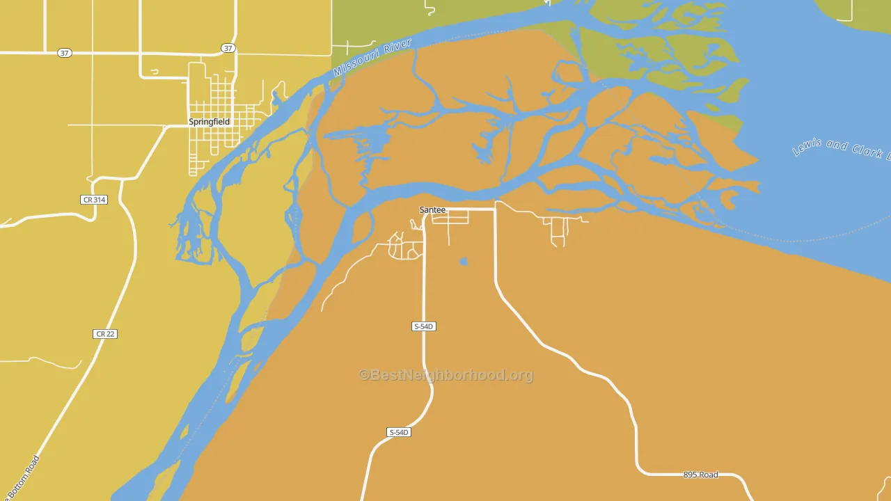 Map of the best neighborhoods in the Santee area, with better matches in green and worse matches in red