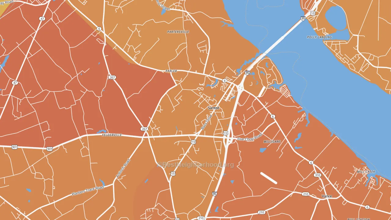 Map of the best neighborhoods in the Santee area, with better matches in green and worse matches in red