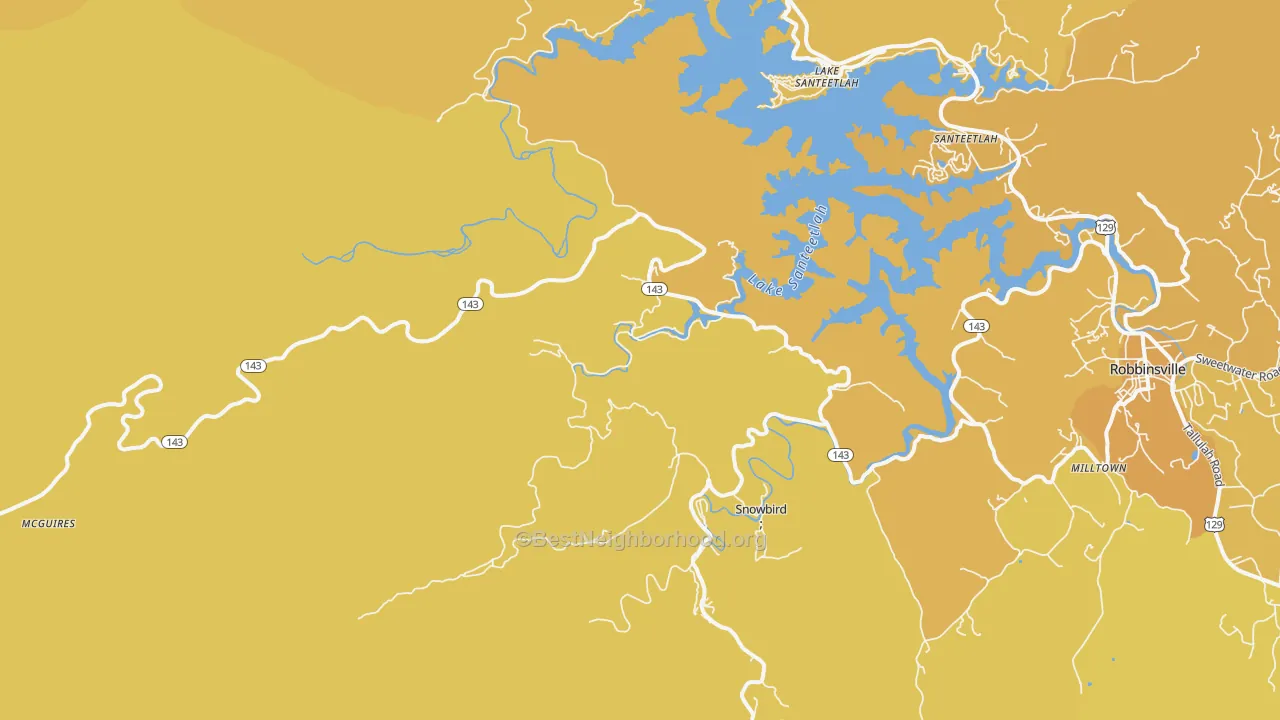 Map of the best neighborhoods in the Santeetlah area, with better matches in green and worse matches in red