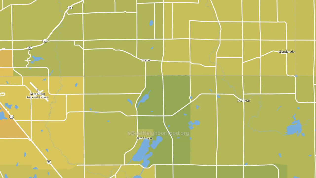 Map of the best neighborhoods in the Santiago area, with better matches in green and worse matches in red