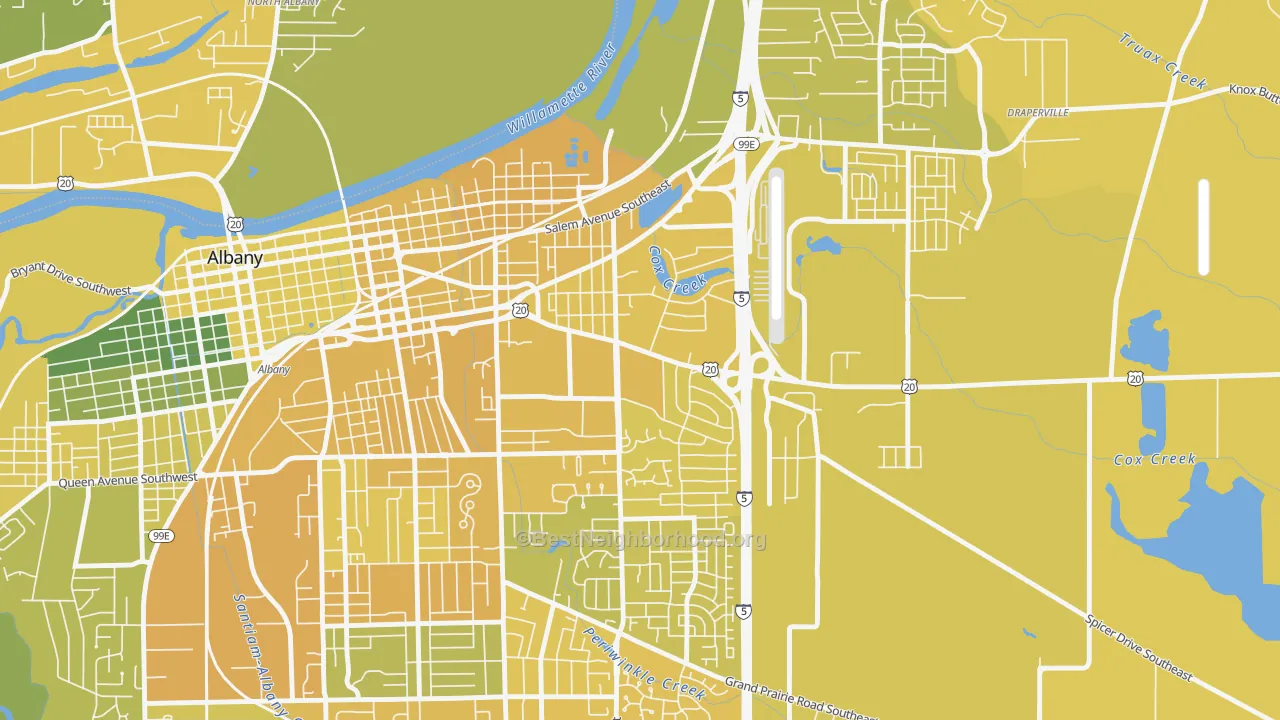 Map of the best neighborhoods in the Santiam, Albany area, with better matches in green and worse matches in red