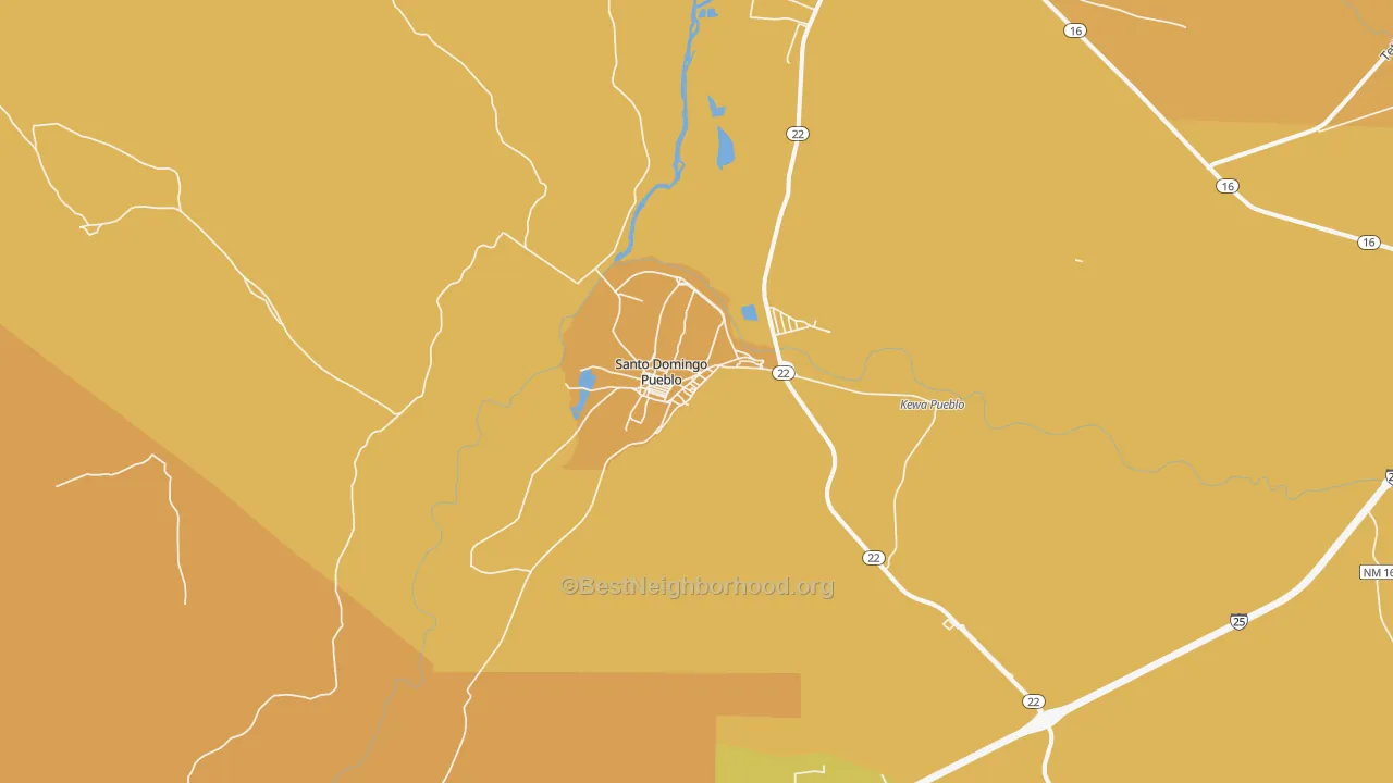Map of the best neighborhoods in the Santo Domingo Pueblo area, with better matches in green and worse matches in red