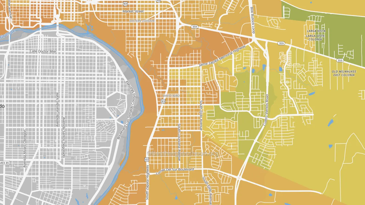 Map of the best neighborhoods in the Santo Nino, Laredo area, with better matches in green and worse matches in red
