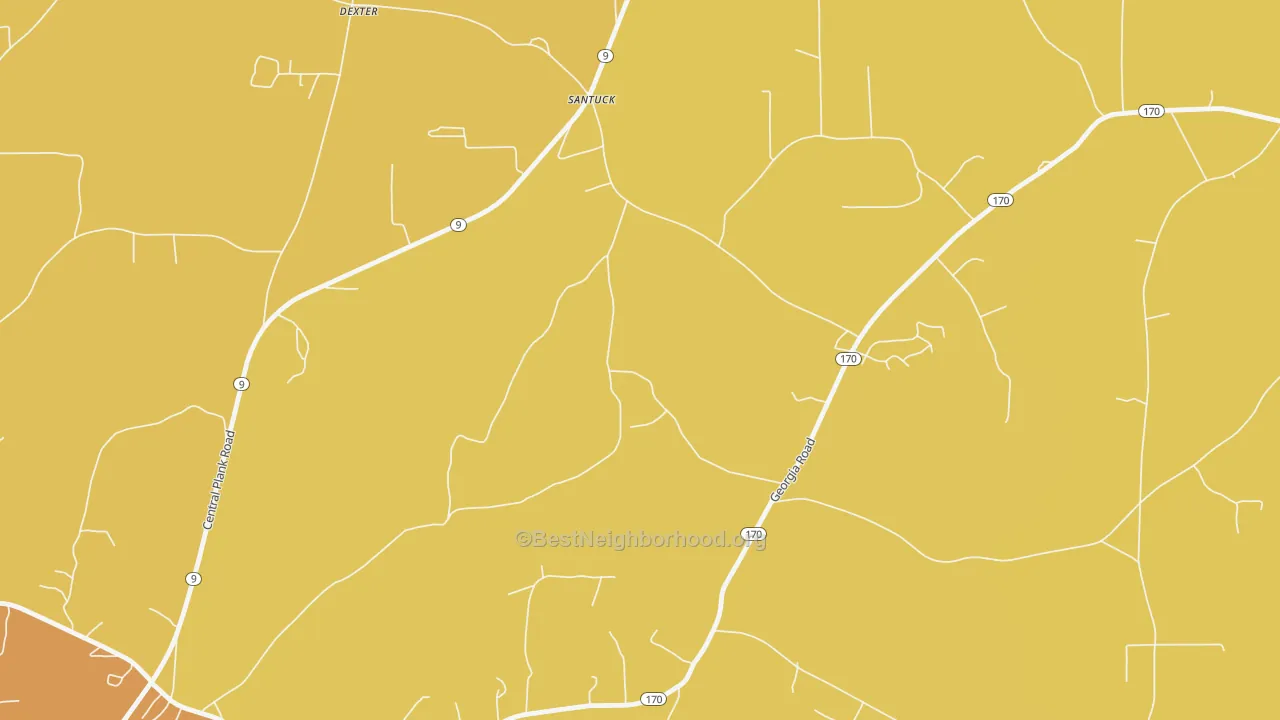 Map of the best neighborhoods in the Santuck area, with better matches in green and worse matches in red