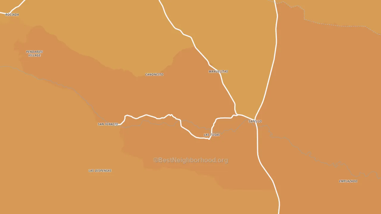Map of the best neighborhoods in the Sapello area, with better matches in green and worse matches in red