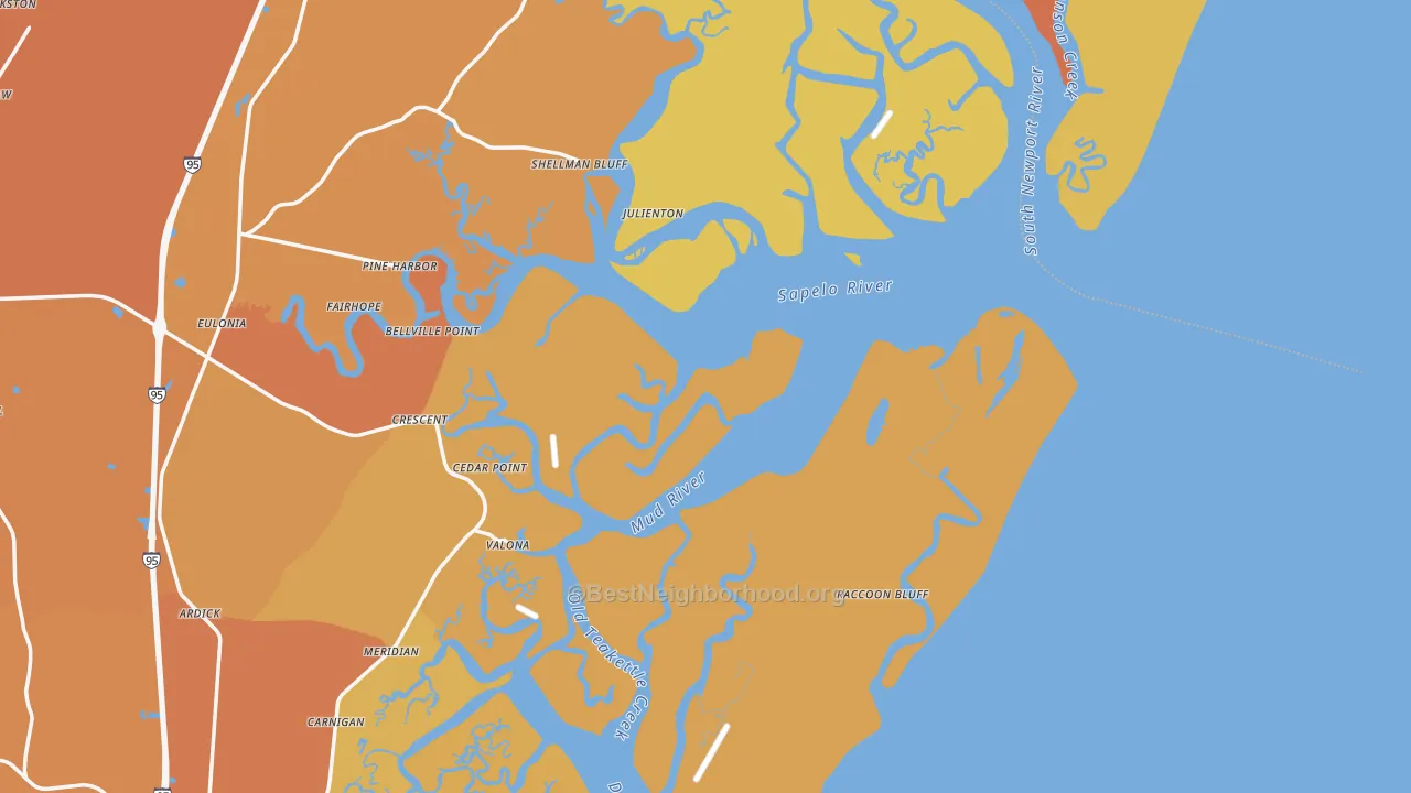 Map of the best neighborhoods in the Sapelo Island area, with better matches in green and worse matches in red