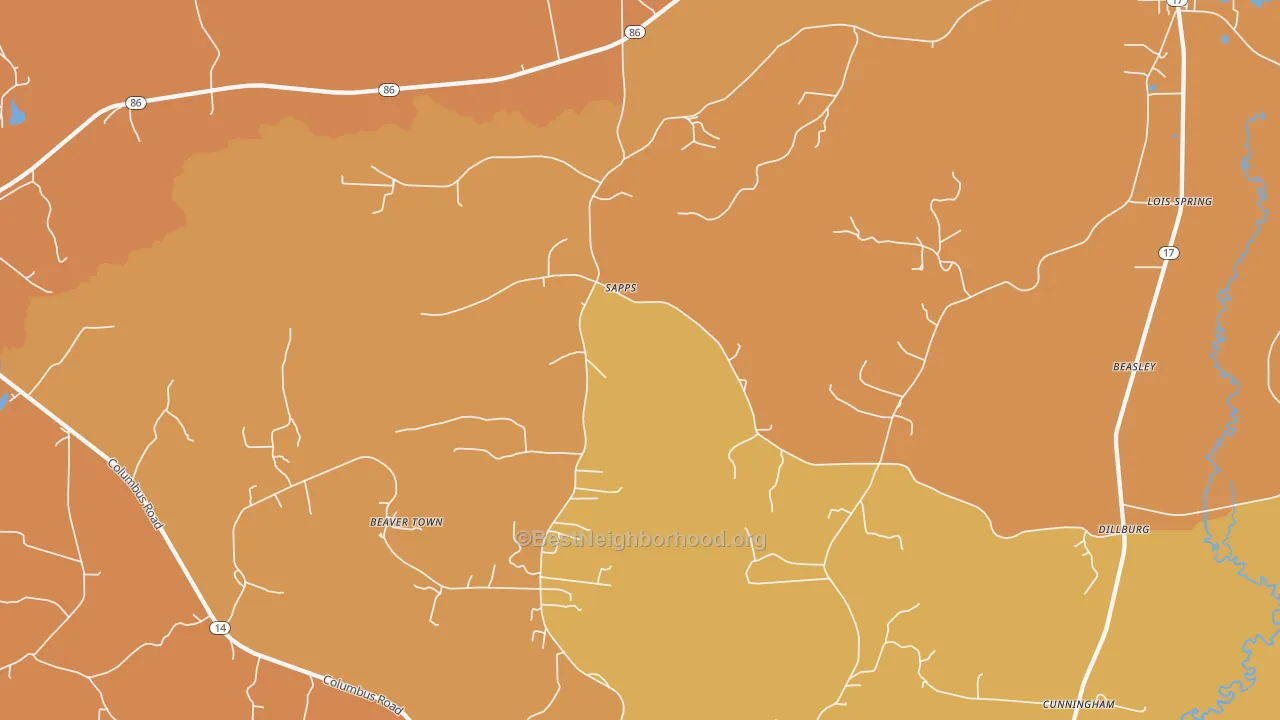 Map of the best neighborhoods in the Sapps area, with better matches in green and worse matches in red