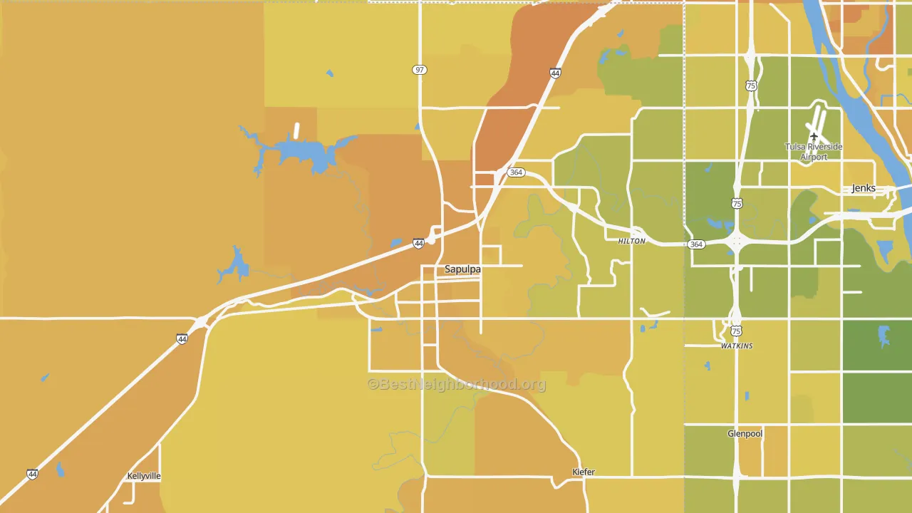 Map of the best neighborhoods in the Sapulpa area, with better matches in green and worse matches in red