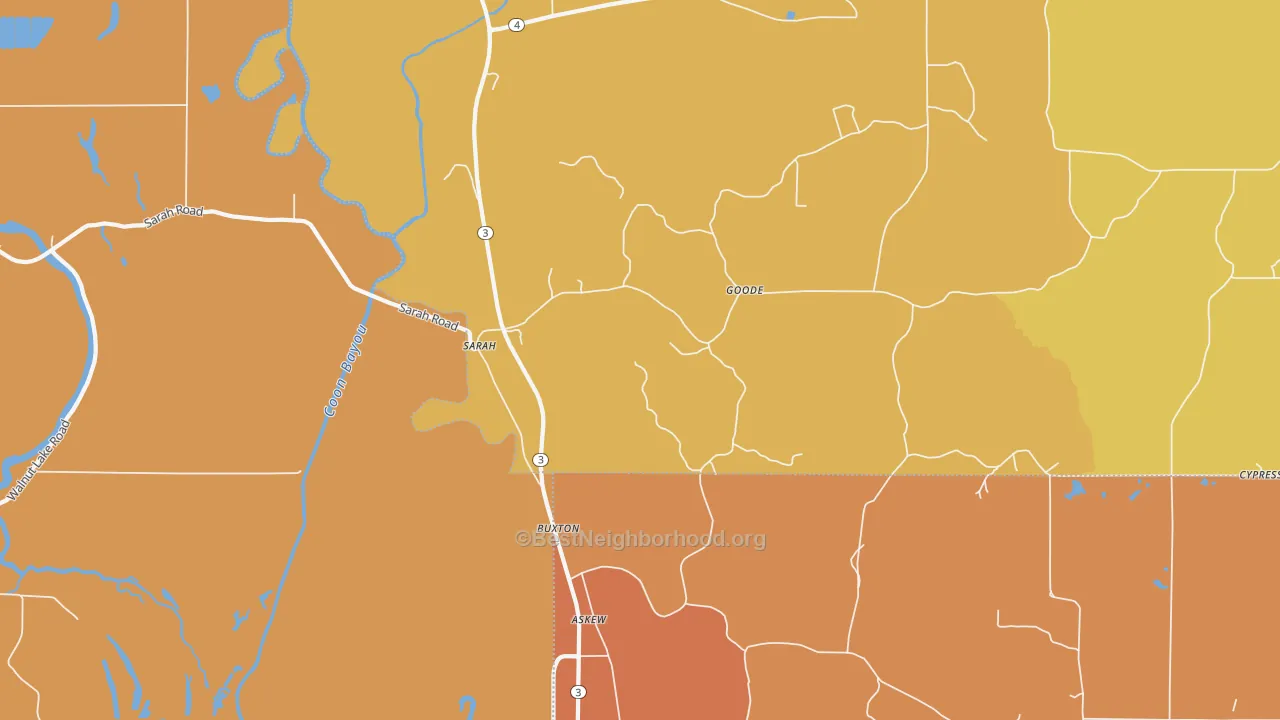 Map of the best neighborhoods in the Sarah area, with better matches in green and worse matches in red