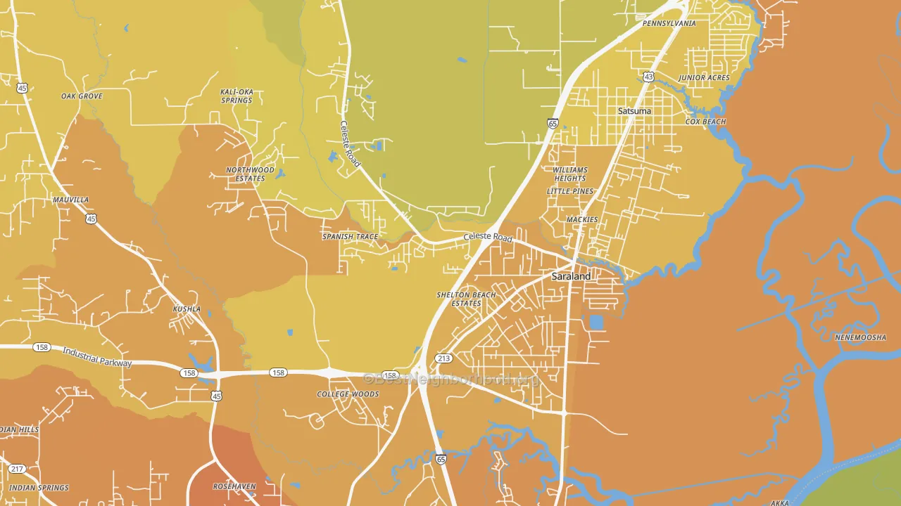 Map of the best neighborhoods in the Saraland area, with better matches in green and worse matches in red