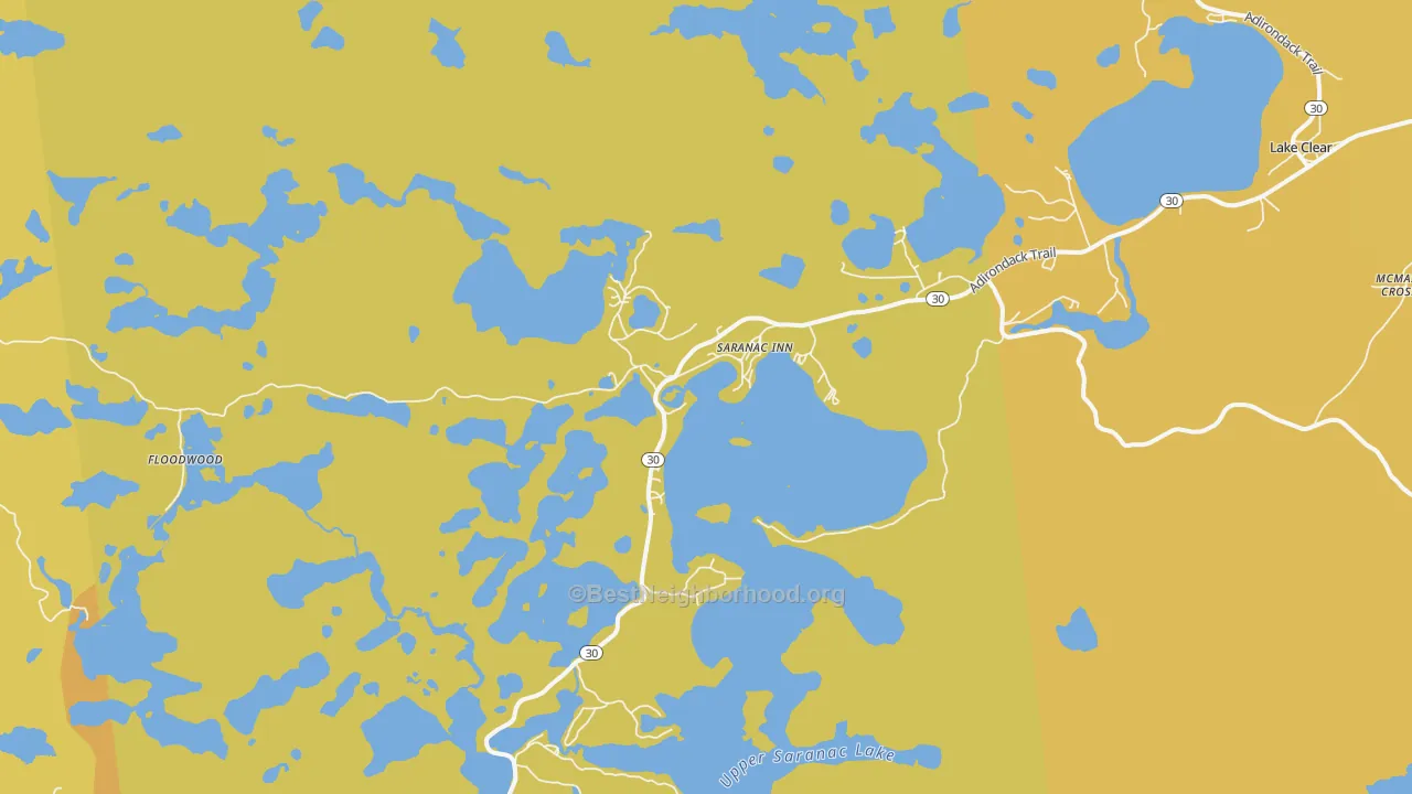 Map of the best neighborhoods in the Saranac Inn area, with better matches in green and worse matches in red